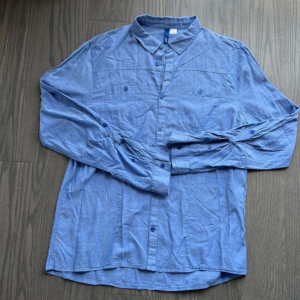 Blue thin button up shirt, size L